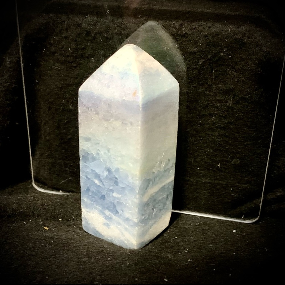 💗Opalite Glass Tower / Polished Crystal Point – Blue Iridescent – 3”